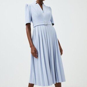 Karen Millen Tailored Structured Crepe Forever Pleat Belted Midi Dress, Blue,NWT